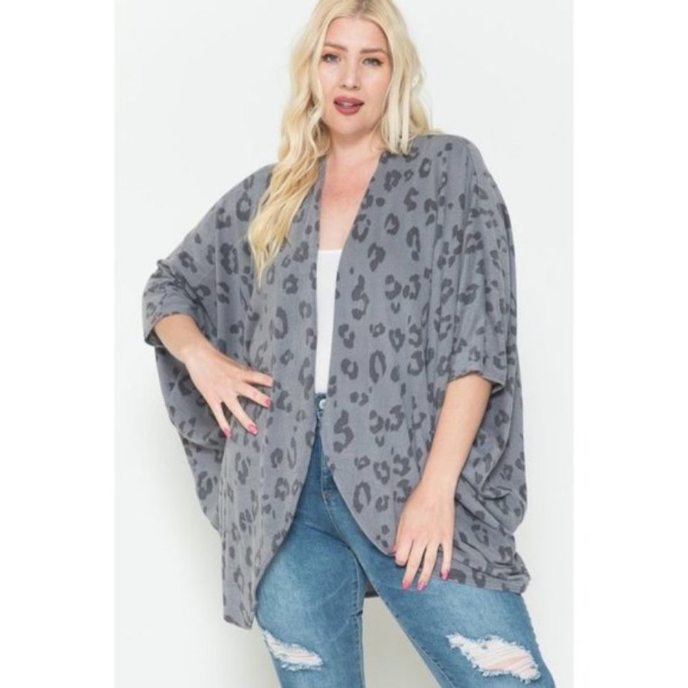 Gray Leopard Print open front Kimono Cardigan - Picture 6 of 7
